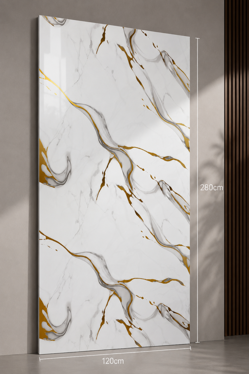 PVC Marmerlook Wandpanelen120x280 cm Luxe Uitstraling & Eenvoudige Montage (white with gold gray strip)