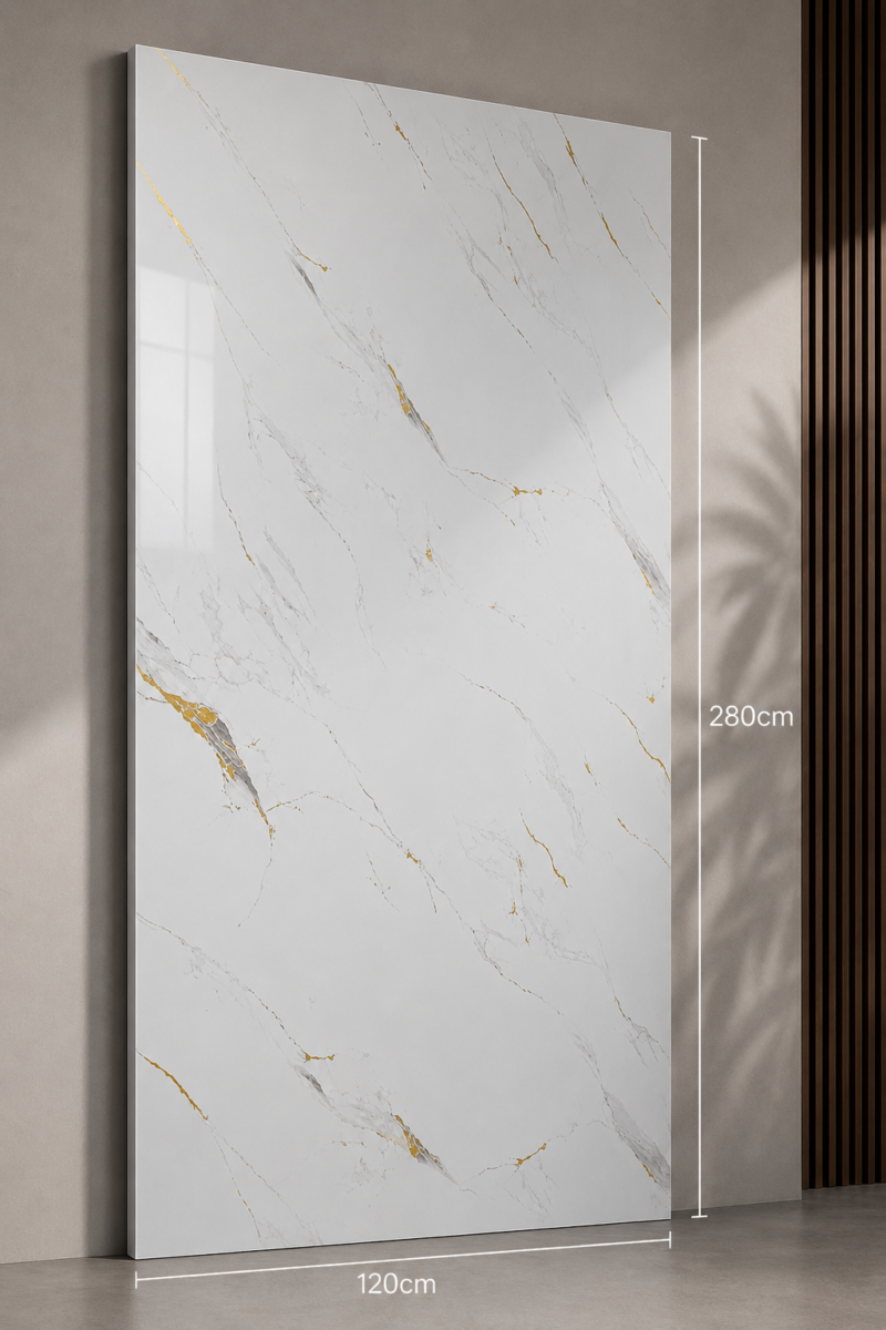 PVC Marmerlook Wandpanelen120x280 cm Luxe Uitstraling & Eenvoudige Montage (White with gold gray smal strip)