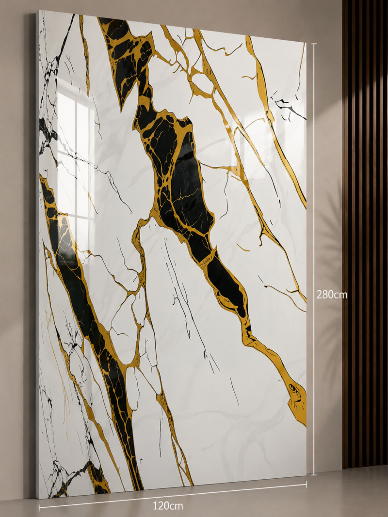 PVC Marmerlook Wandpanelen120x280 cm Luxe Uitstraling & Eenvoudige Montage (white with black gold strip)